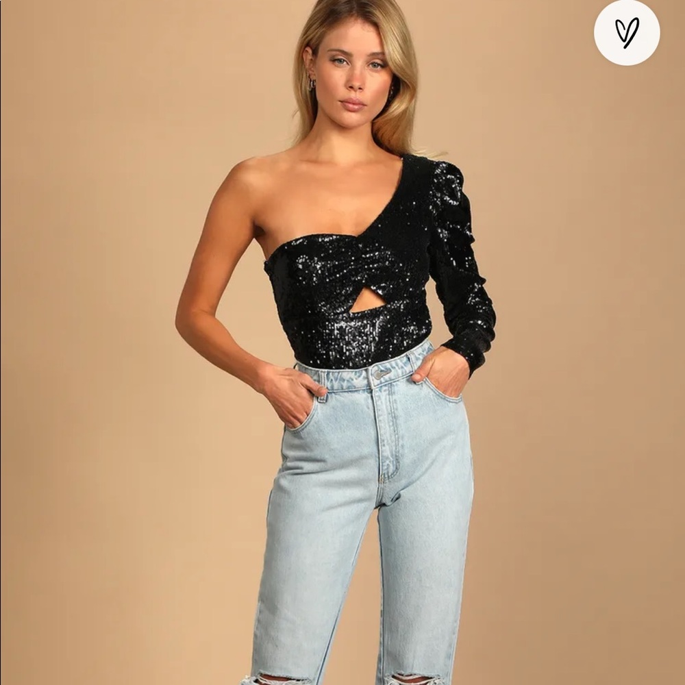 Lulus Alluring Ways Black Sequin One-Shoulder Cutout Bodysuit! Size Large NWT